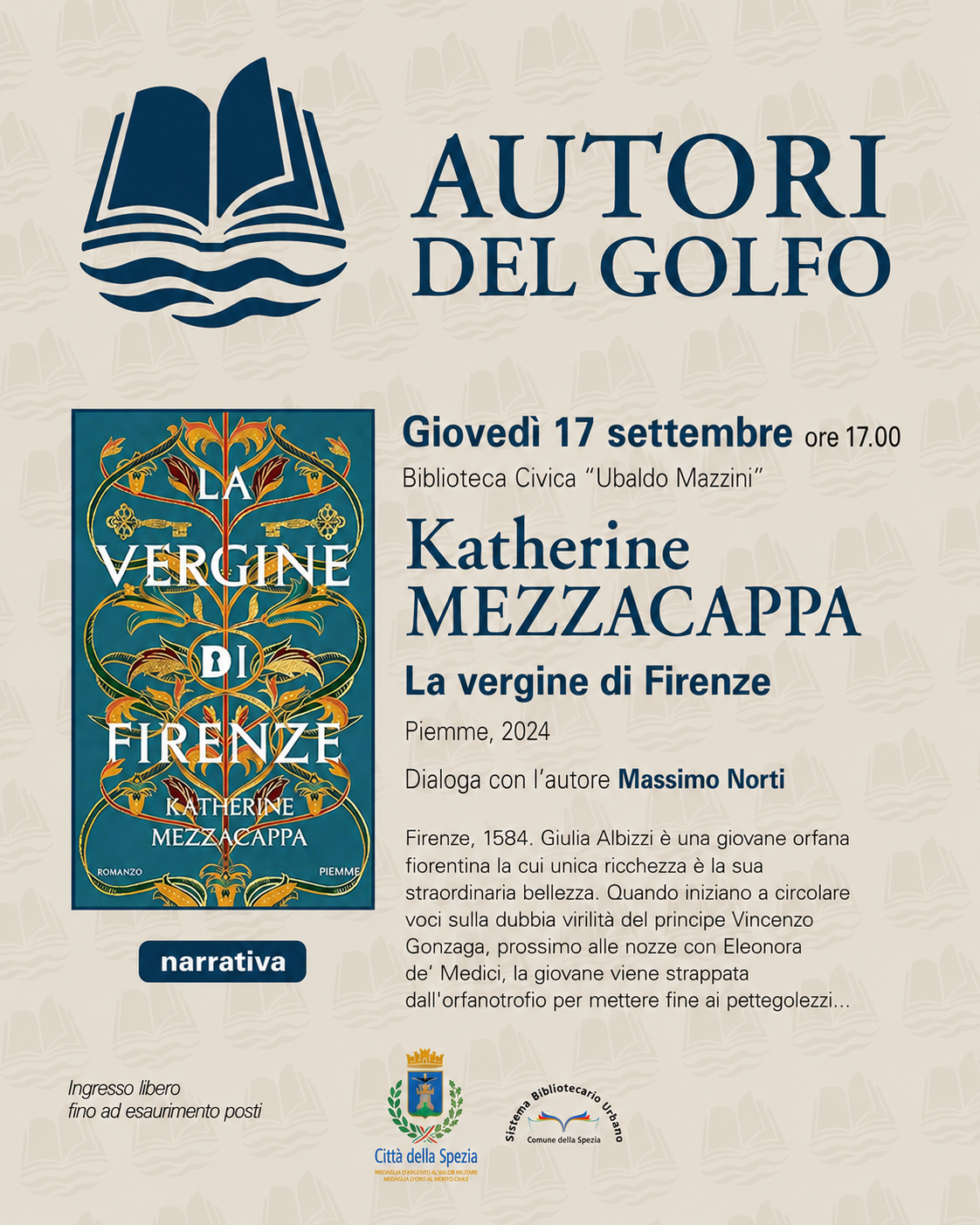 Katherine Mezzacappa presenta “La vergine di Firenze” alla Biblioteca Mazzini